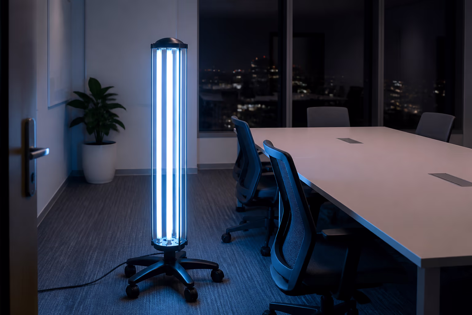 A wide view of an empty Ottawa office meeting room at night with a portable UV-C disinfection unit on a stand positioned to treat shared desks, chairs and door handles after the room has been cleaned.