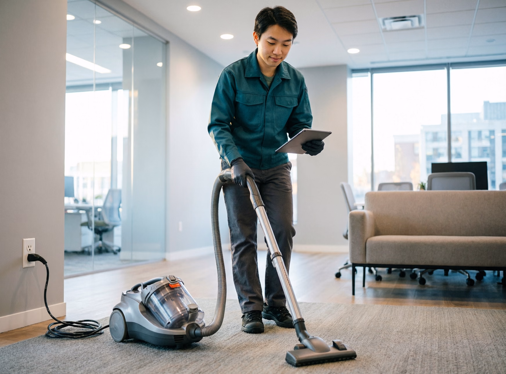 A cleaning technician in an Ottawa office running a HEPA vacuum across low-pile carpet while holding a tablet with a digital cleaning checklist, evidence the work was verified.