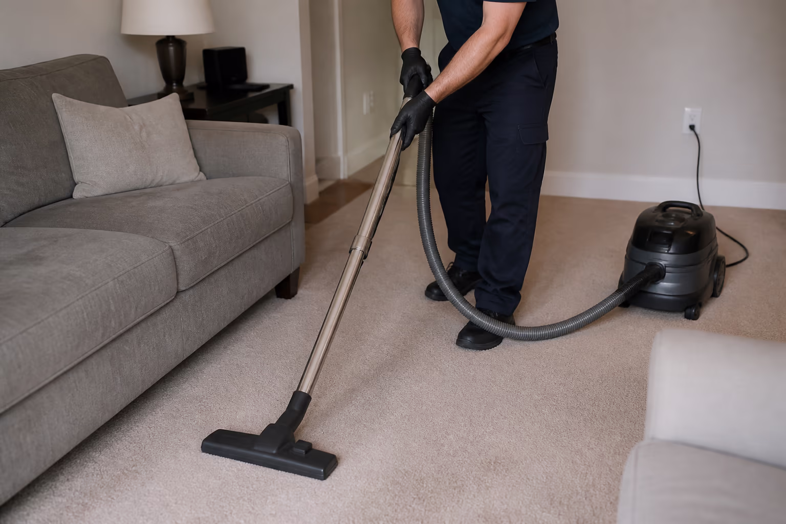 A professional cleaner guiding a corded upright vacuum across a carpeted Ottawa living-room floor in straight, overlapping passes, with the brush roll working the carpet edge near a sofa while the furniture stays in place.