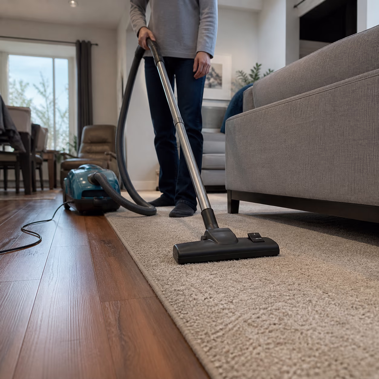 A close-up of a corded upright vacuum being guided along the edge of a carpeted Ottawa living-room floor, with the brush roll lifting dust and grit from the carpet edge ahead of a sofa.