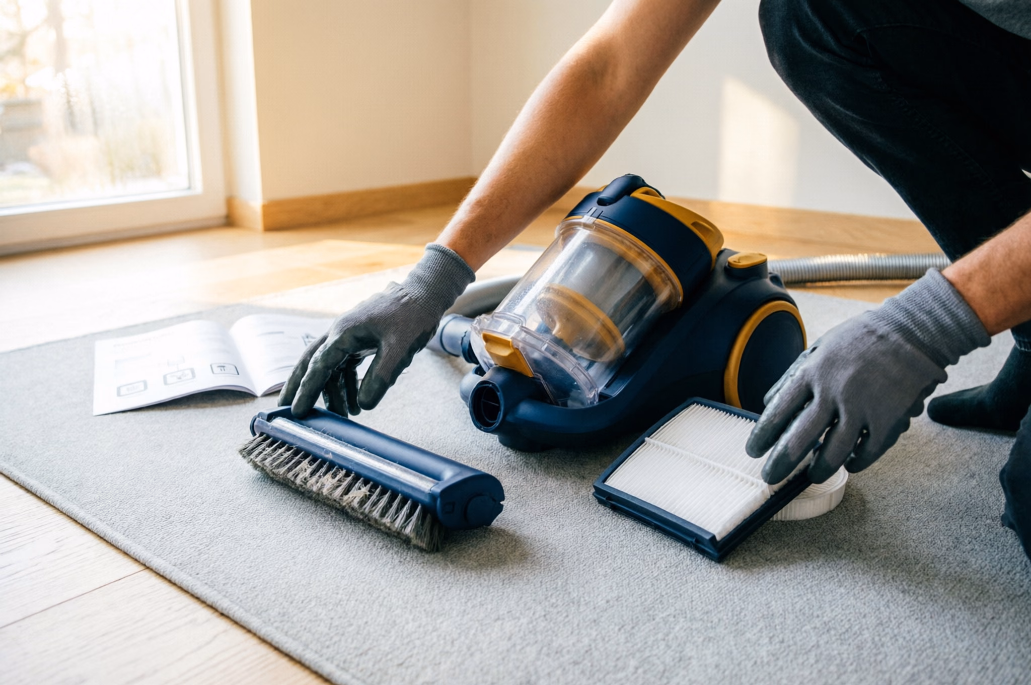 A landscape view of a vacuum cleaner laid out for maintenance on a mat in a bright Ottawa home, with the bin, filter and brush roll set out beside the manufacturer's manual, ready to be emptied, cleared and checked.