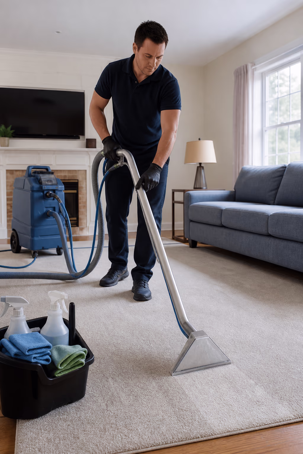 A portrait of a professional residential cleaner in a bright Ottawa home working a carpet-cleaning tool across a living-room rug, with a caddy of cloths and supplies nearby, capturing the deep cleaning a vacuum cannot do.