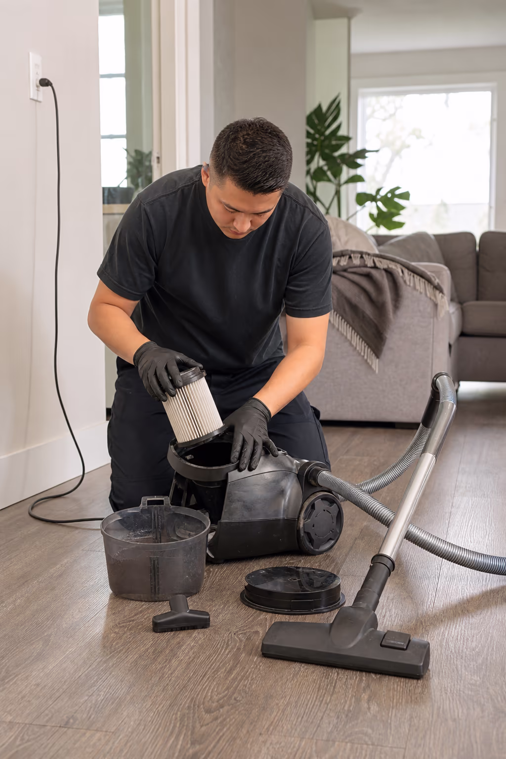 A portrait of a cleaning technician in a bright Ottawa home fitting a fresh filter into a canister vacuum during a routine maintenance check, with the bin and attachments laid out beside it.
