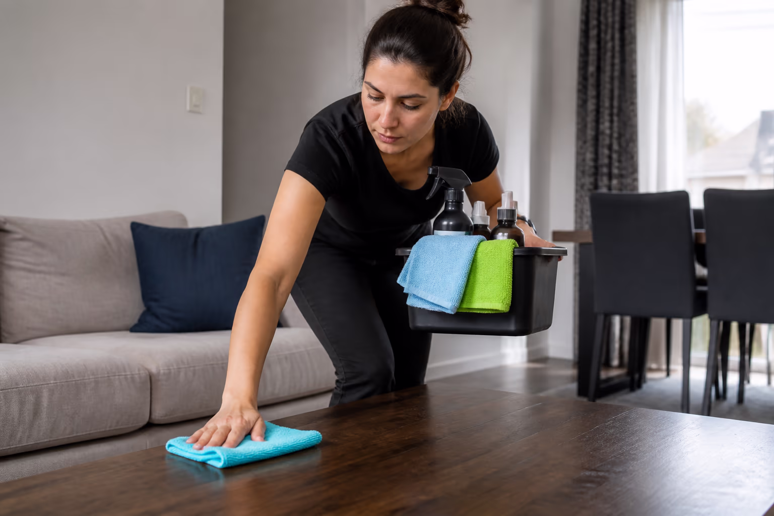 A professional home cleaner holding a caddy of microfibre cloths and certified cleaning products in a bright Ottawa living room, with the room tidy and welcoming behind her.