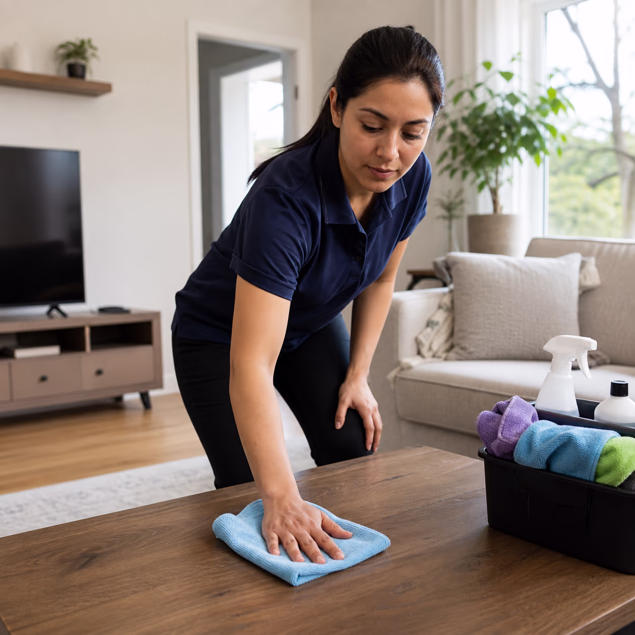 A square view of a professional home cleaner in a bright Ottawa living room working through a defined cleaning routine with a caddy of microfibre cloths and certified products, capturing the trained-team standard behind the price.