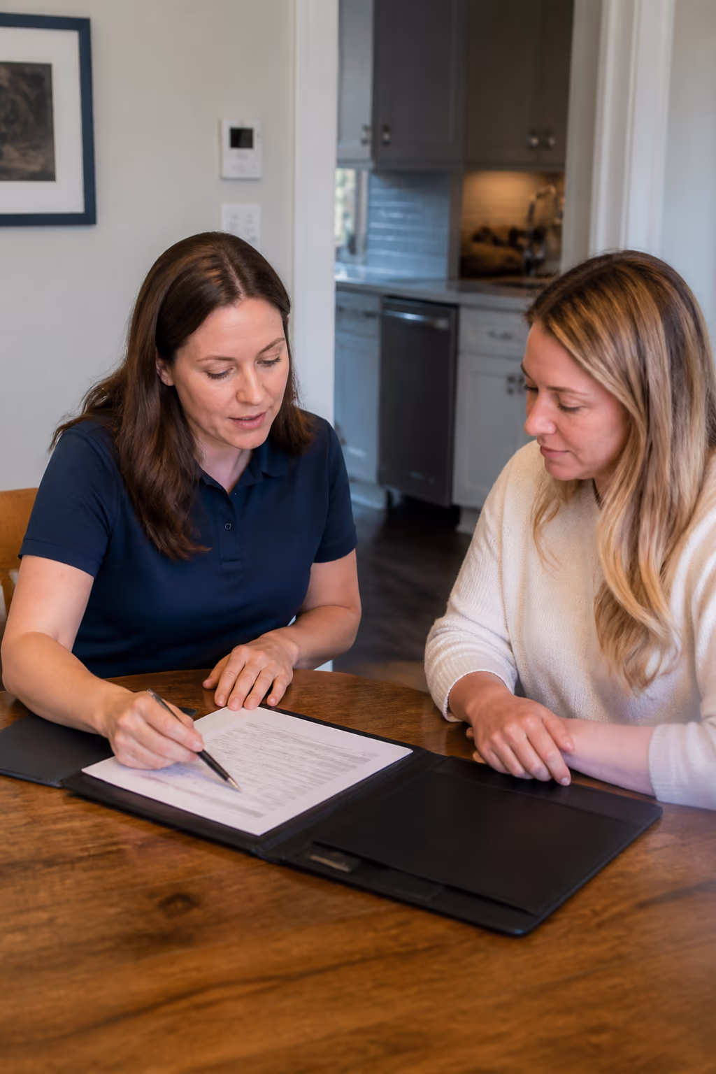 A portrait of a consultant walking a homeowner through a written cleaning plan and quote at a kitchen table in an Ottawa home, with the scope and price in writing.