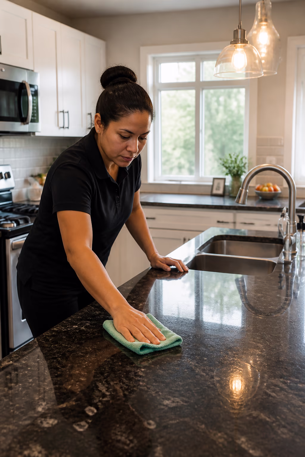 A portrait of a professional home cleaner finishing a kitchen in an Ottawa home, wiping counters and fixtures while the rest of the cleaned room sits tidy behind.