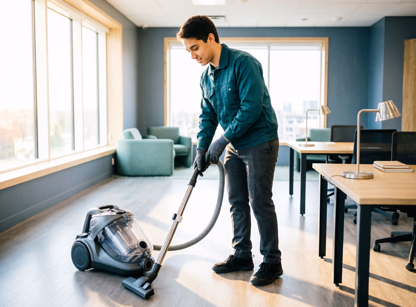 A cleaning technician vacuuming between workstations in a bright open-plan Ottawa office, with the floors and desks kept to a consistent daily standard.