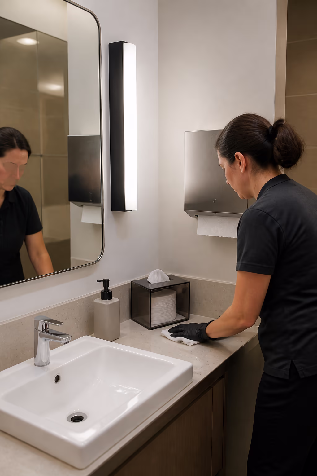 A portrait of a clean, freshly serviced Ottawa office washroom with soap and paper towel stocked and a hygiene checklist posted beside the mirror after a documented nightly visit.