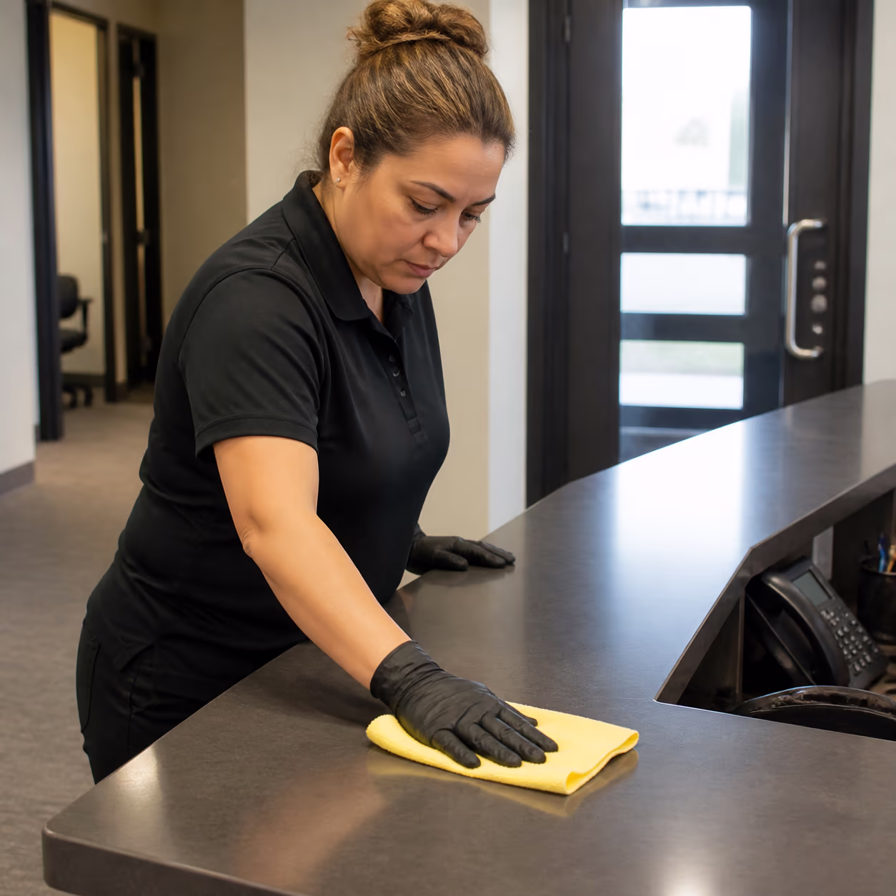 A square view of a commercial cleaner disinfecting a high-touch reception desk and door handles in an Ottawa office, capturing the health and safety routine behind workplace compliance.