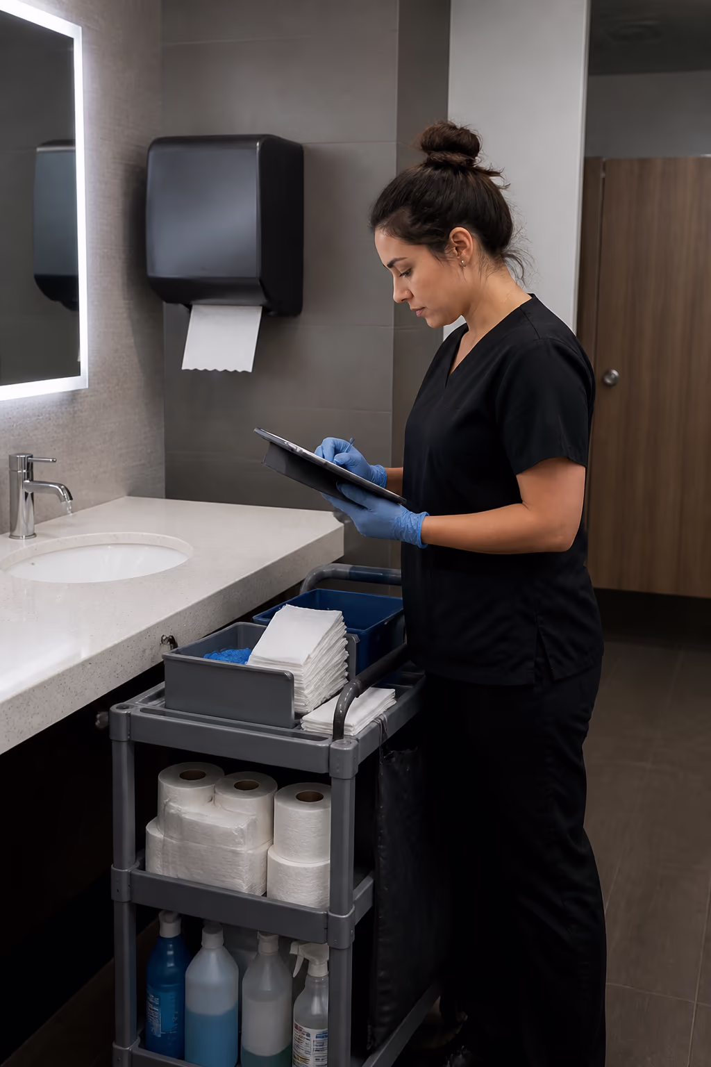 A portrait of a cleaner restocking an Ottawa office washroom and noting the completed checklist on a tablet, with supplies organized on the cart beside the fixtures.
