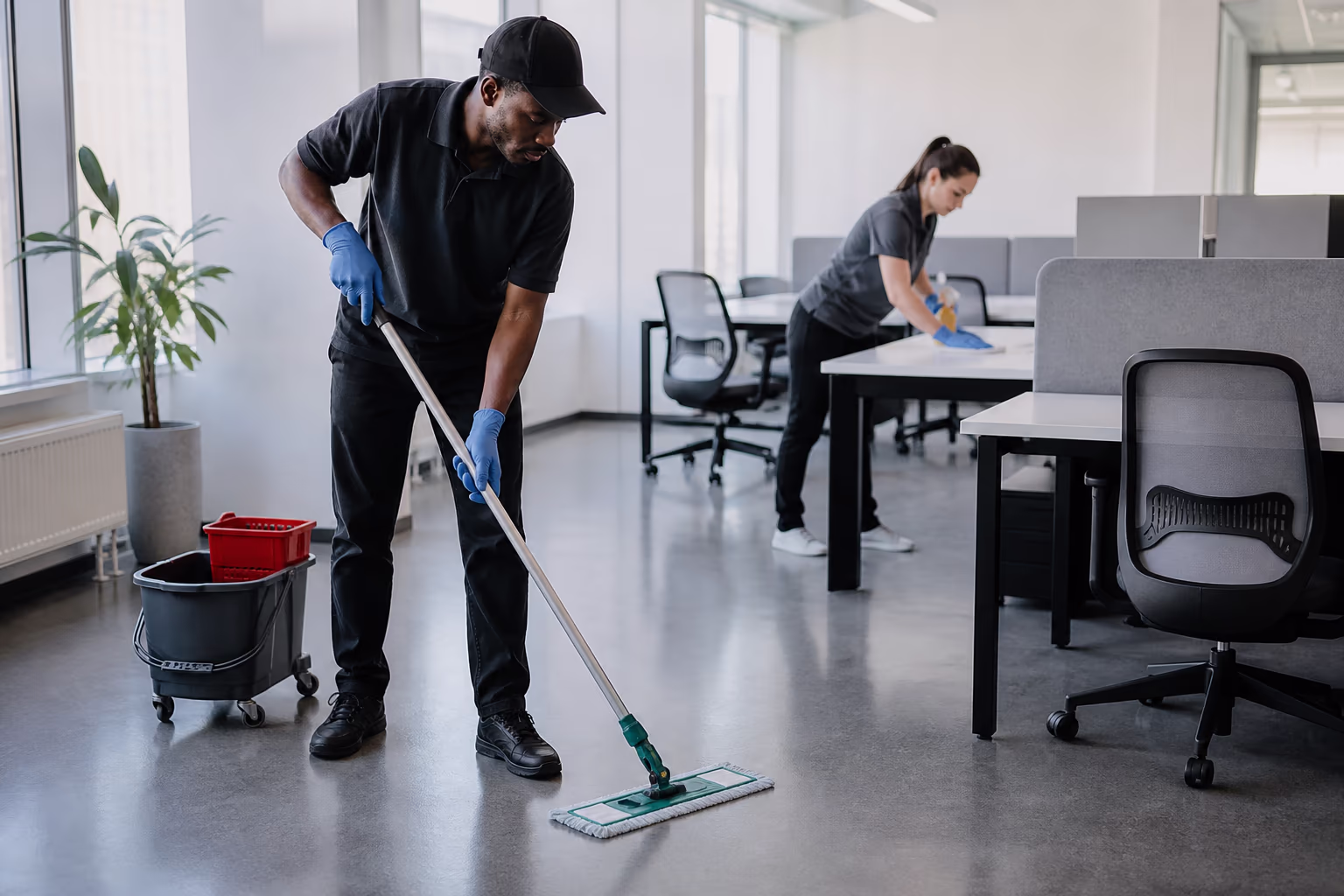 A uniformed janitorial technician mopping the floor around desks in a bright Ottawa office while another cleaner wipes a shared work surface, part of the nightly routine that keeps a facility clean and presentable.