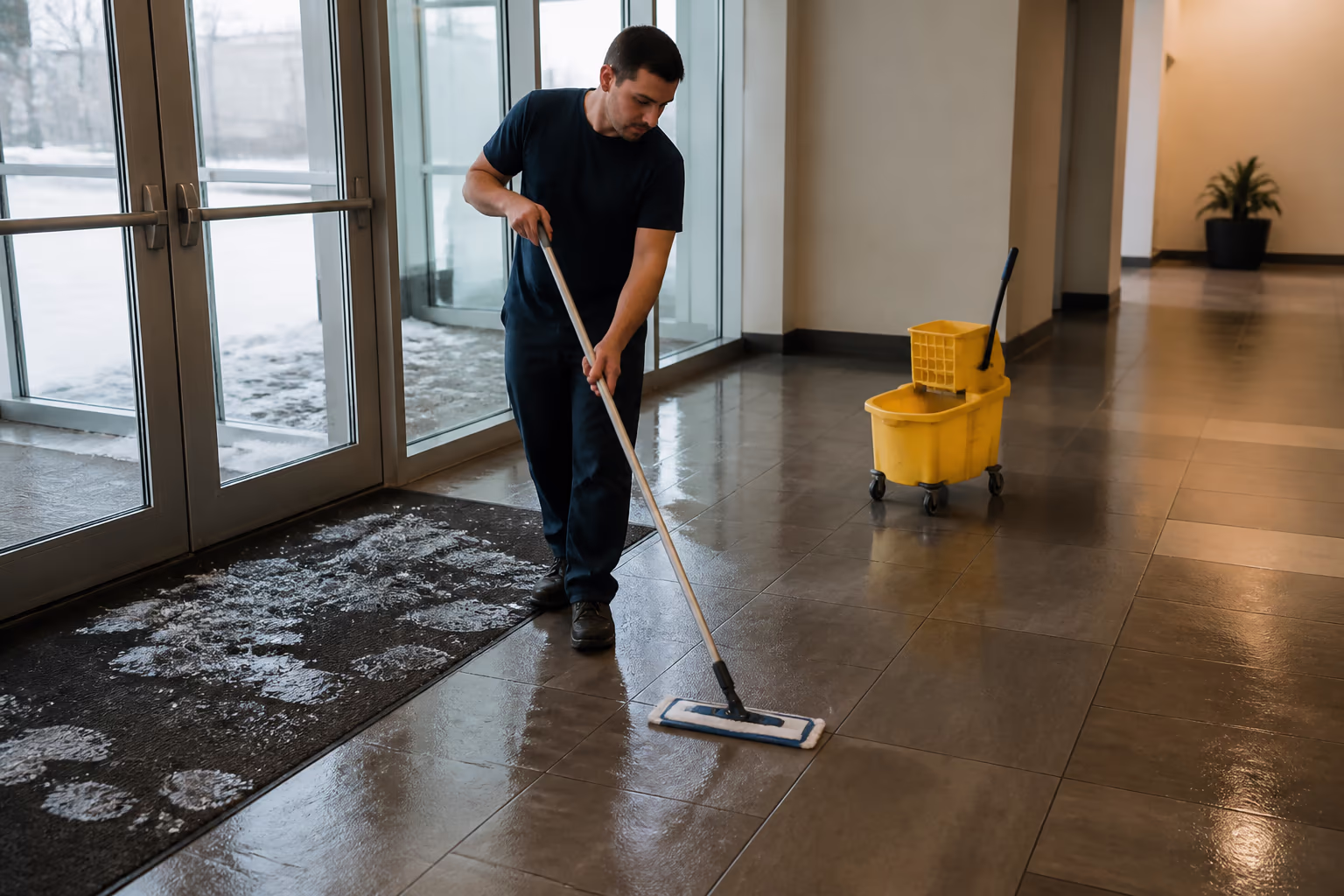A wide view of an Ottawa office entryway in winter with entry mats in place, a janitor mopping the lobby floor dry while tracked snow and salt gather at the door mat, keeping walkways safe.