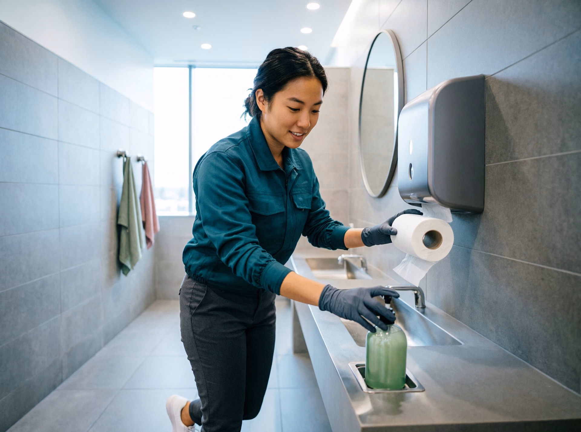 A portrait of a cleaning technician restocking an Ottawa office washroom with soap and touchless paper dispensers after hours, keeping the shared space consistently cared for.