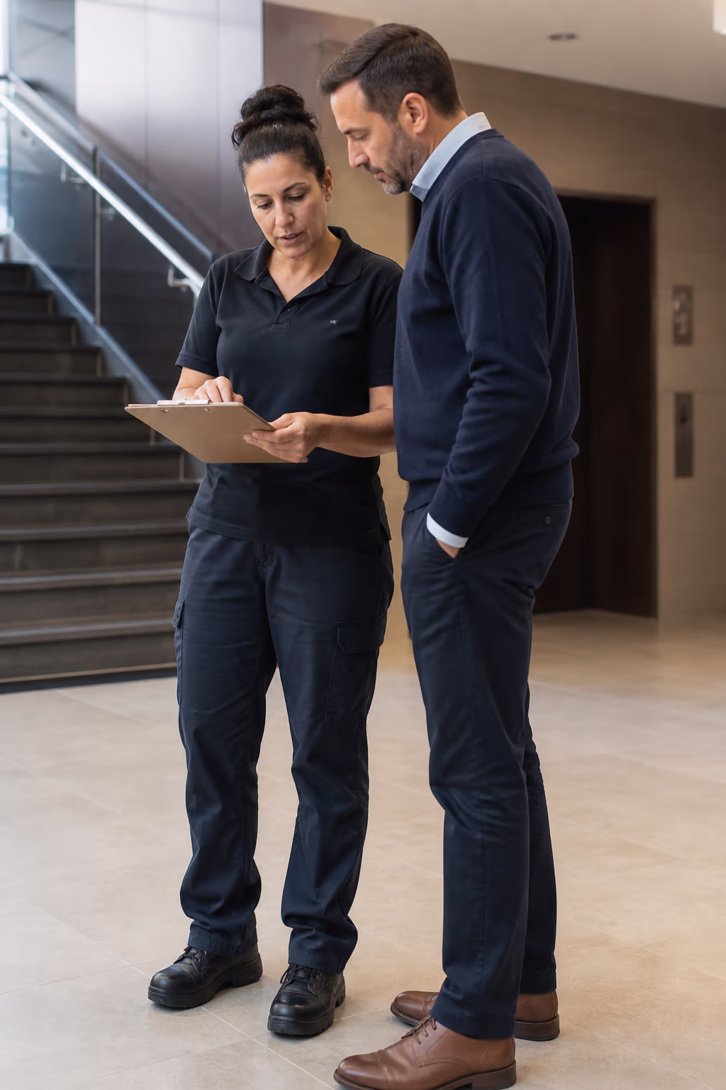 A portrait of a supervisor walking an Ottawa facility manager through a written janitorial scope of work, reviewing the schedule, products and quality-check routine together.