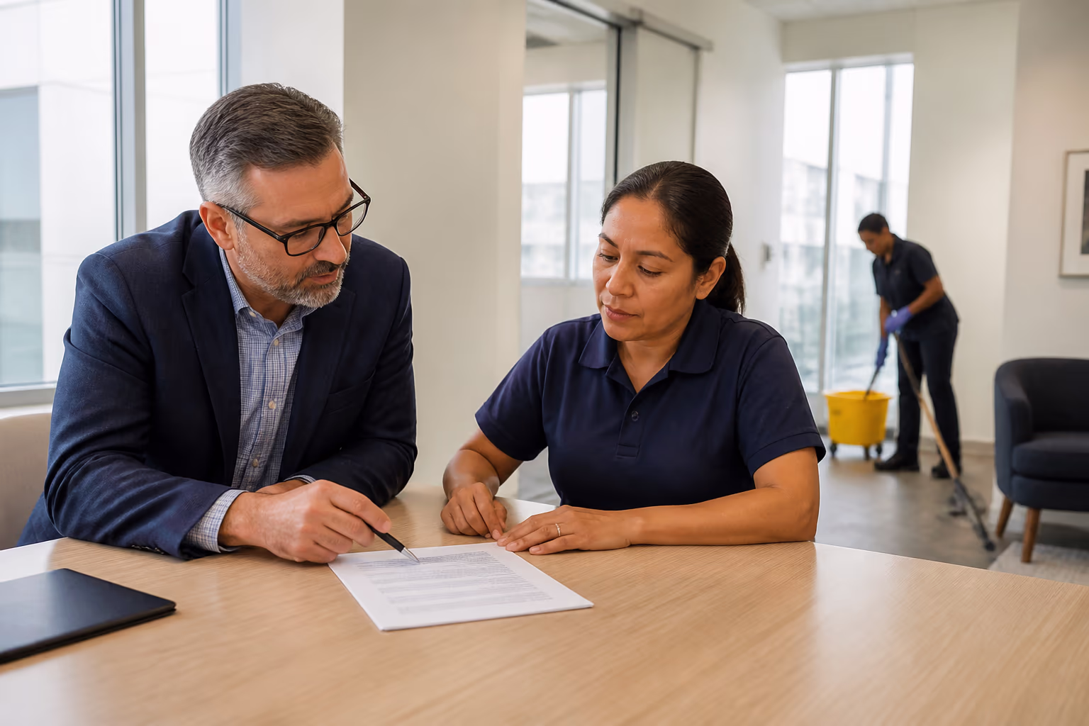 A supervisor and an Ottawa facility manager reviewing a signed janitorial service contract at a bright office table, a printed scope-of-work checklist between them while a cleaner works in the background.