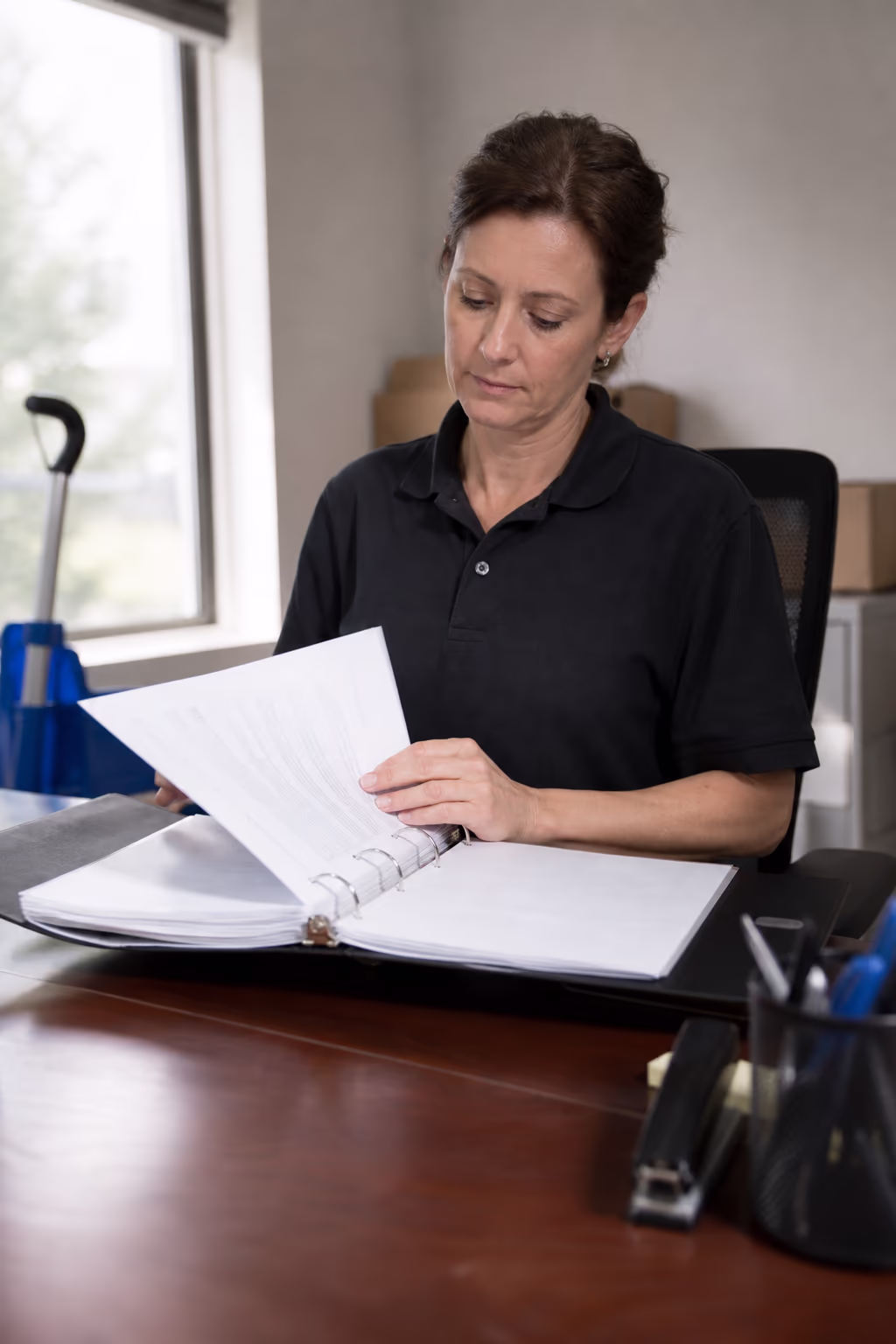 A portrait of a facility manager opening a binder of signed janitorial contracts at their desk, confirming terms before signing.