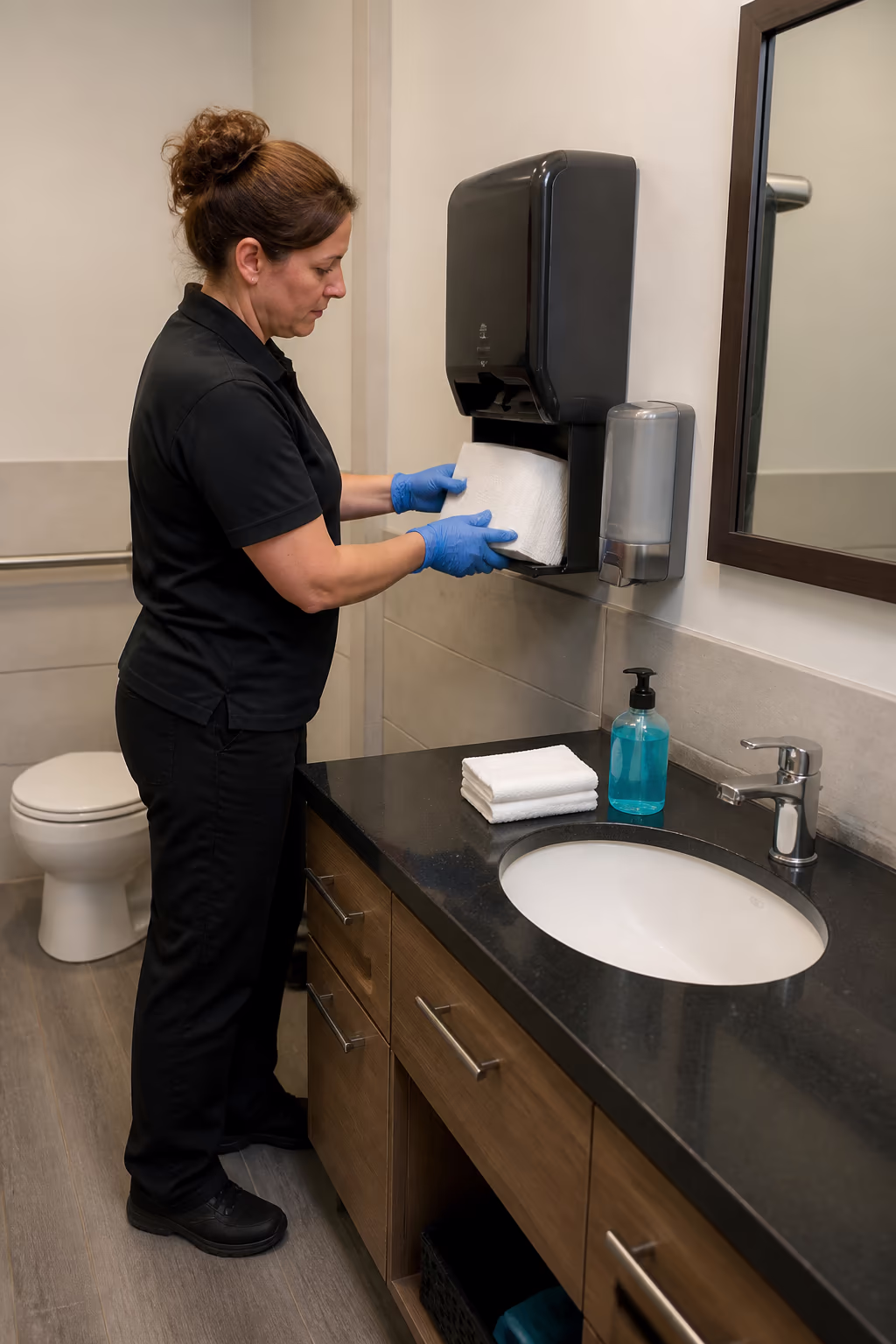 A portrait of a uniformed janitorial technician restocking an Ottawa office washroom with soap and paper products after hours.