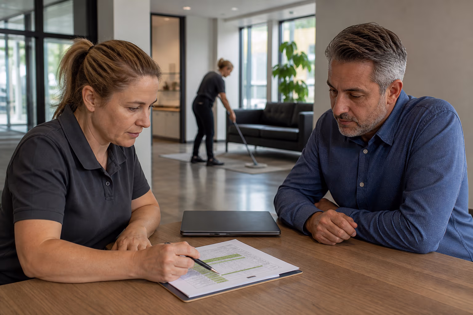 A supervisor and an Ottawa facility manager reviewing a scored janitorial inspection checklist at a bright office table, a KPI dashboard on a laptop screen between them while a cleaner works in the background.