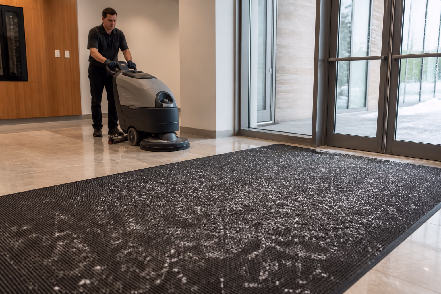 A wide view of an Ottawa office entrance in winter with salt grit on the matting, a janitorial technician cleaning the entryway while a floor scrubber waits inside the lobby.