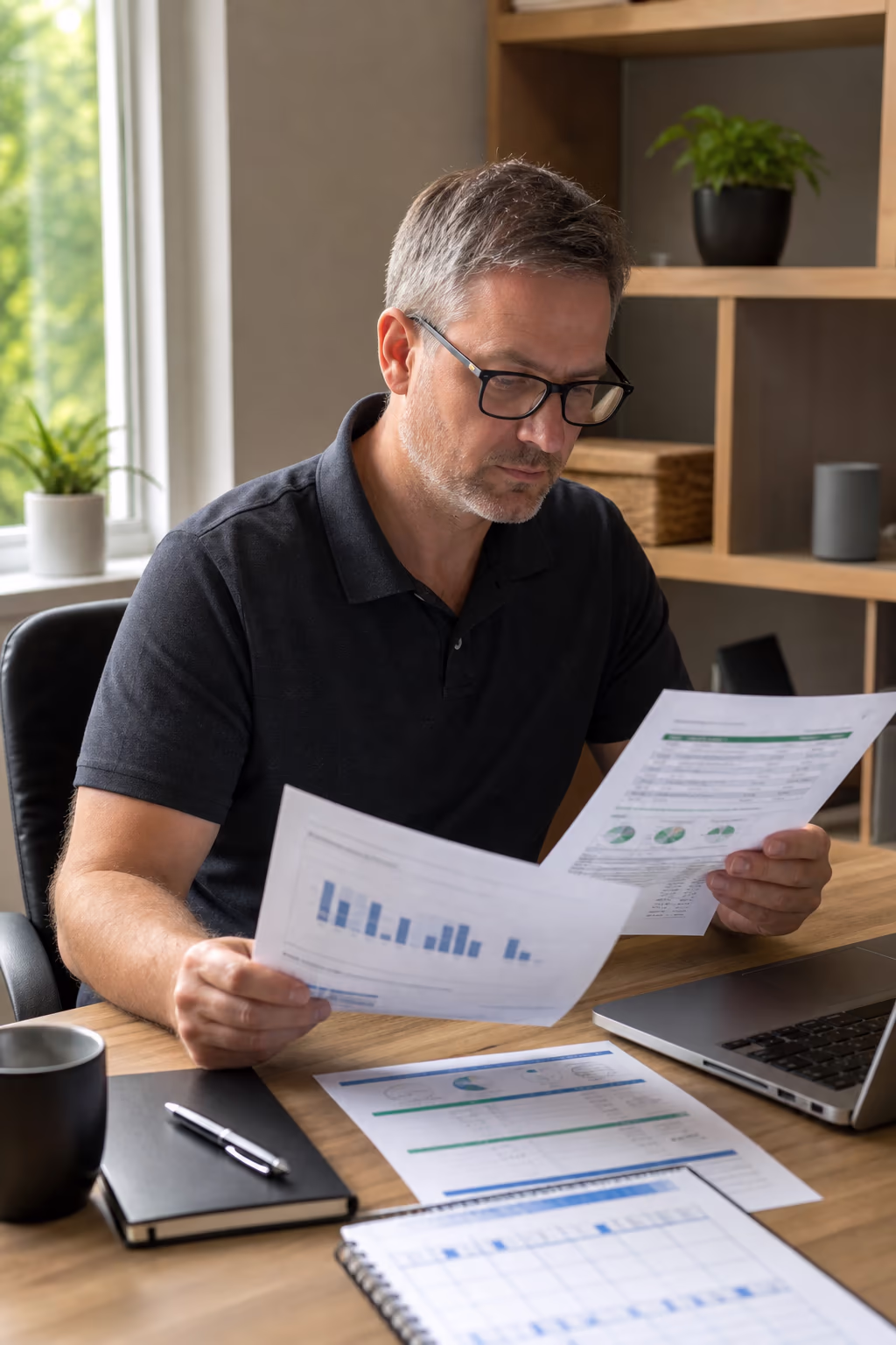 A portrait of an Ottawa facility manager reviewing a janitorial KPI report and dashboard at their desk, a scored inspection checklist and satisfaction survey results in hand.