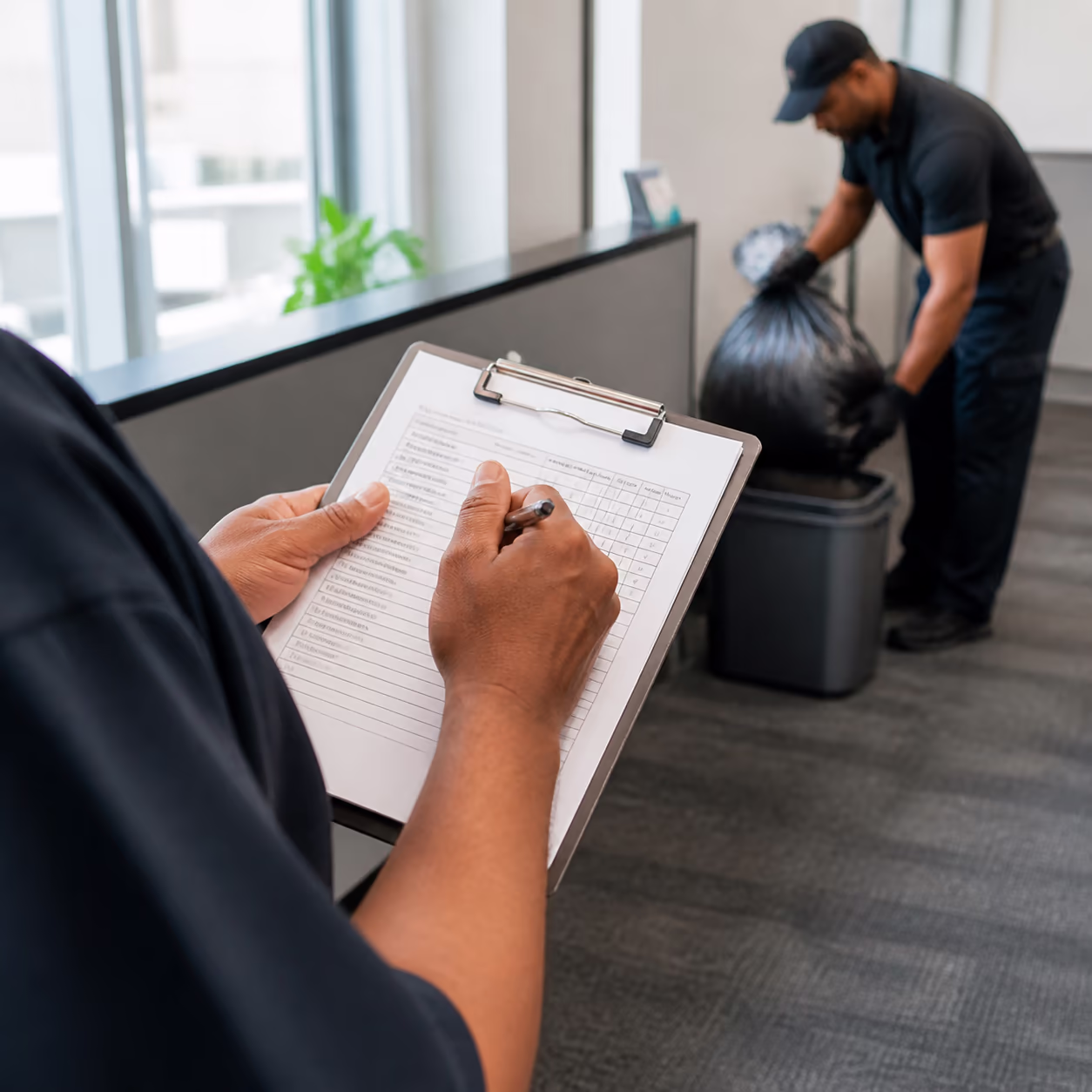 A square close-up of a janitorial supervisor marking a scored zone inspection checklist on a clipboard while a technician empties waste bins in a bright Ottawa office.