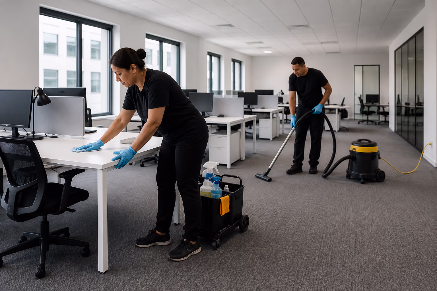 Two commercial cleaners working in a bright open-plan Ottawa office, one wiping a desk and one vacuuming between workstations, with cleaning caddies nearby.