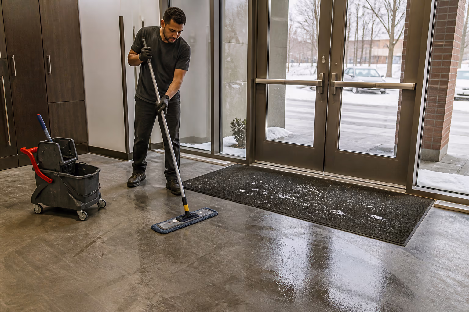 A wide view of a matted office entryway in winter, with a cleaner mopping hard floors near the entrance and salt and grit cleared from the mat.