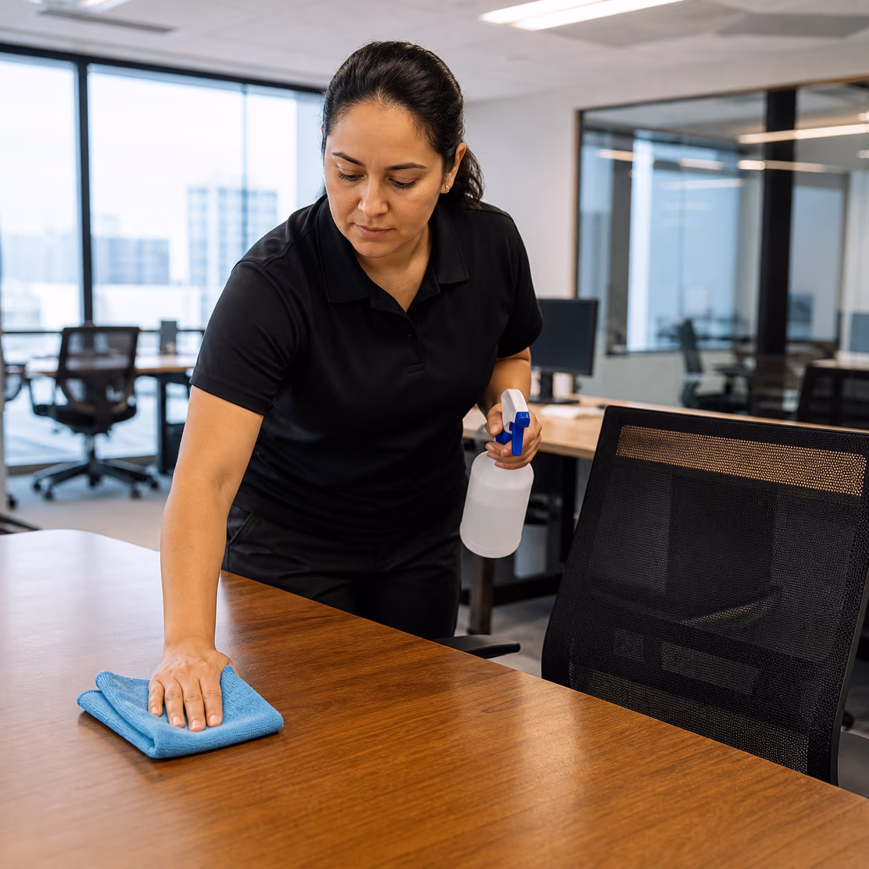 A commercial janitorial estimator holding a clipboard and walking a bright open-plan Ottawa office, counting desks and noting high-touch surfaces for a per-square-foot quote.