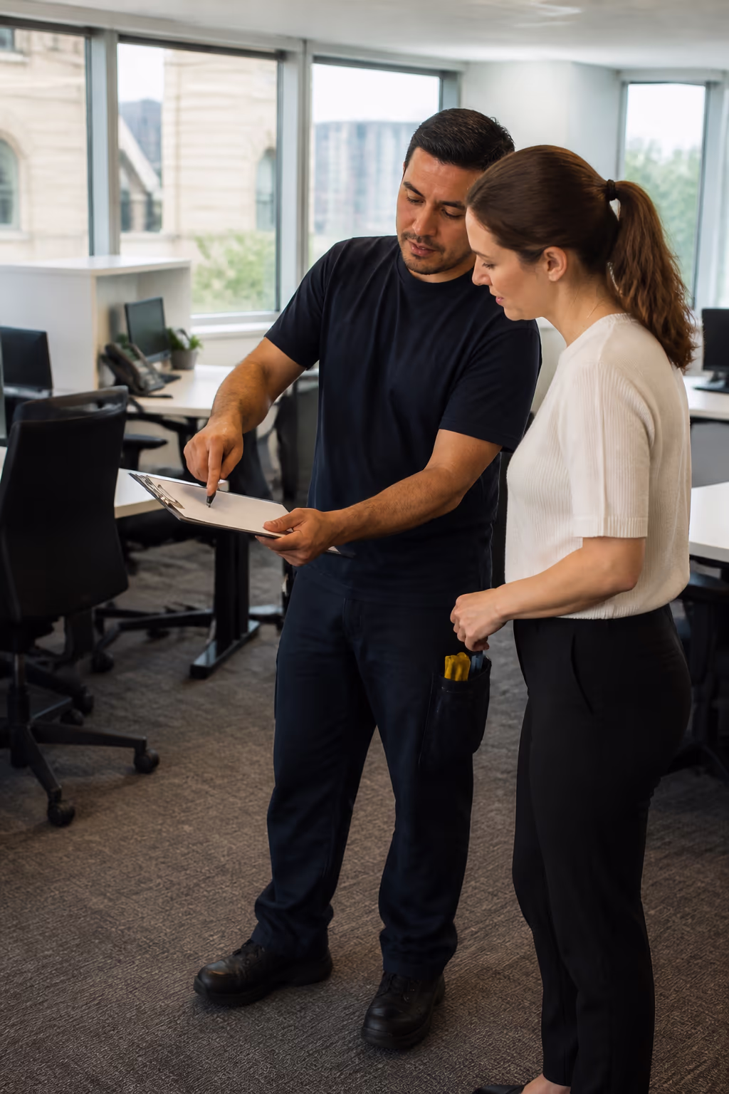 A portrait of a commercial cleaner pointing at an itemised cleaning checklist on a clipboard during a walk-through of a bright Ottawa office.