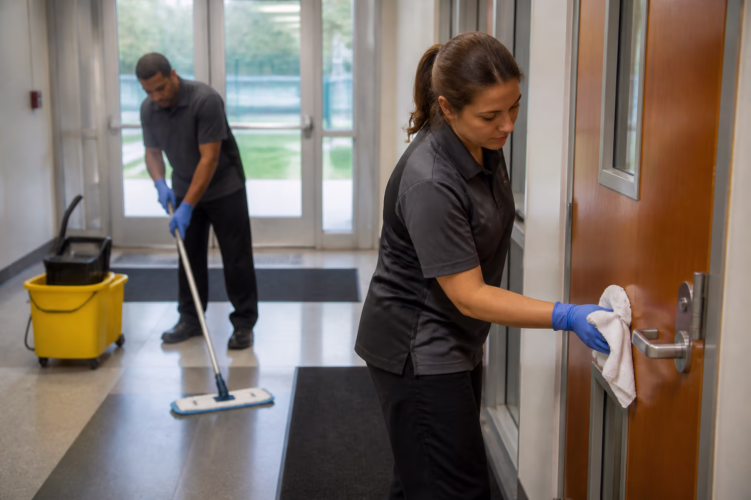 A uniformed janitorial team cleaning an empty school corridor after dismissal, one wiping high-touch door handles while another mops the hard floor near entrance mats.