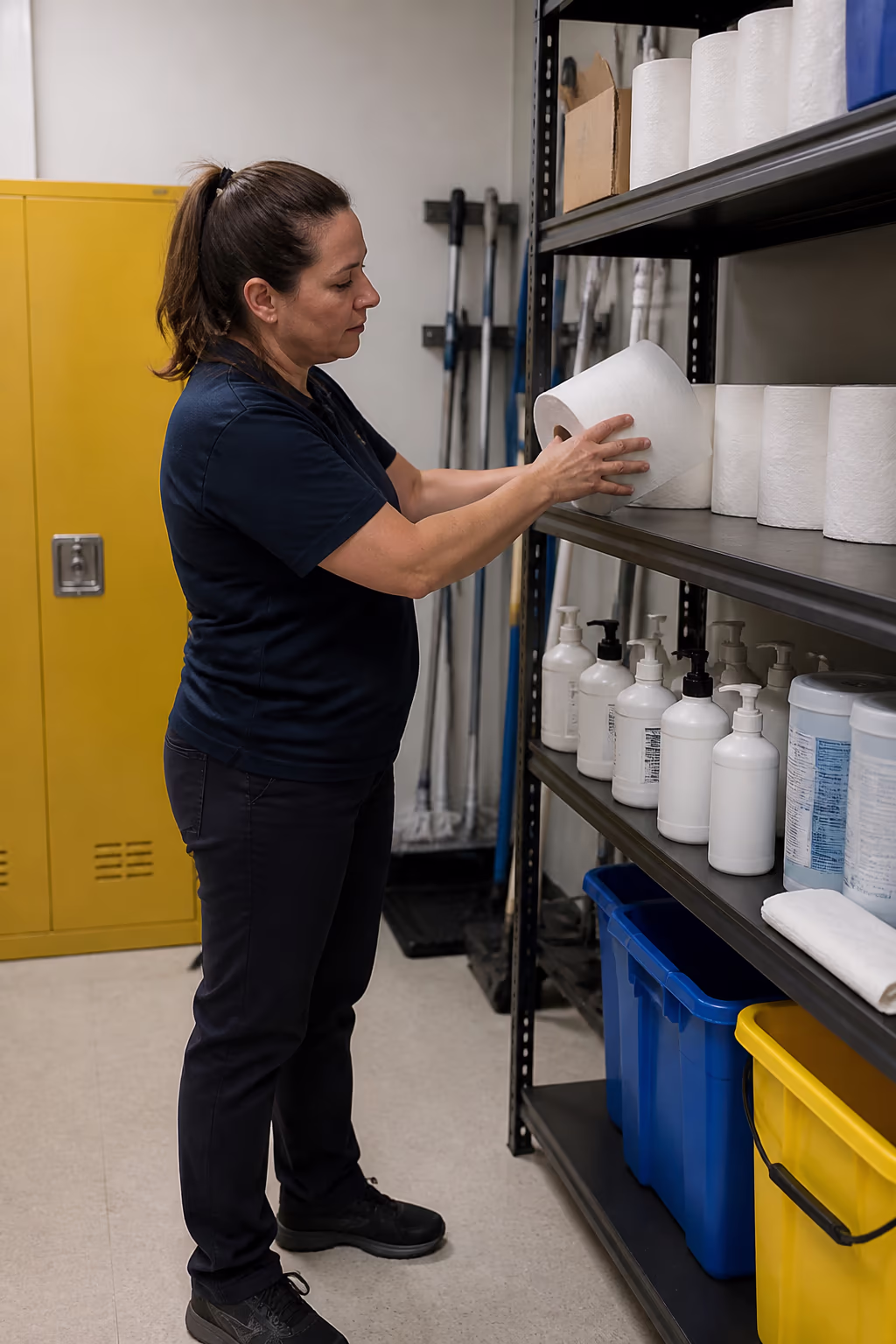 A portrait of a custodial staff member in a bright school supply room, restocking paper towels and hand soap while a locked, clearly labelled chemical cabinet stands behind.
