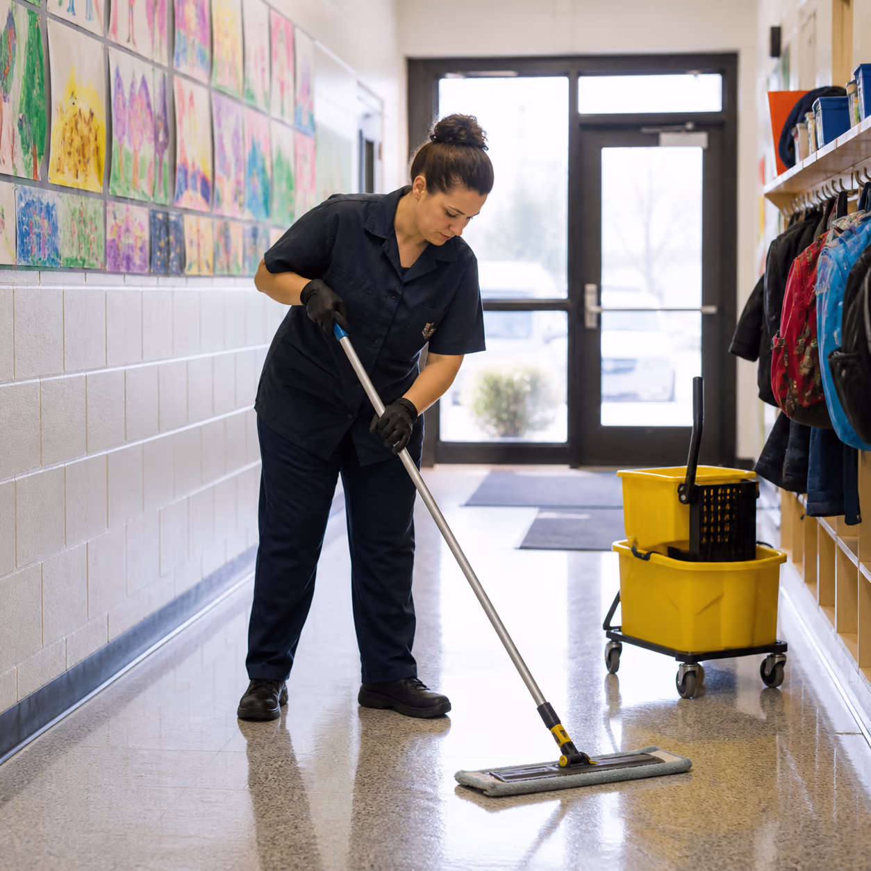 A bright elementary school corridor after dismissal, with a janitor mopping the hard floor near the entrance mats while students' artwork lines the walls.