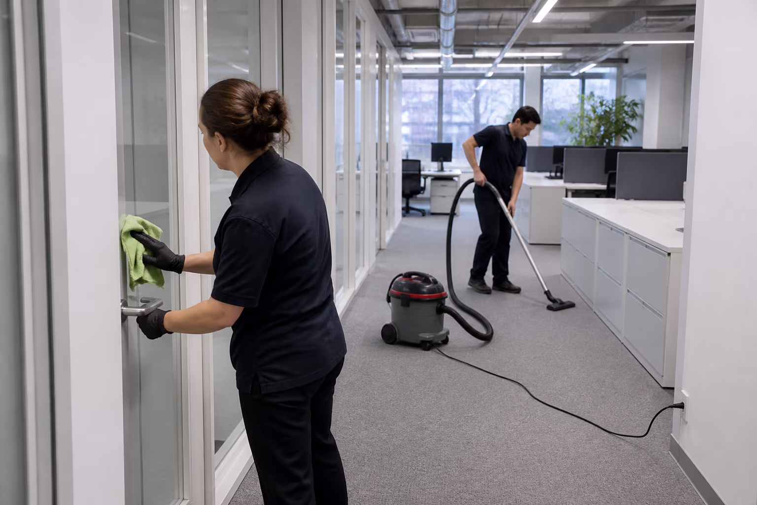 A uniformed cleaning team in a bright Ottawa office after hours, one wiping a high-touch door handle while another vacuums between desks, showing the daily janitorial routine beside a deep-cleaning cart.