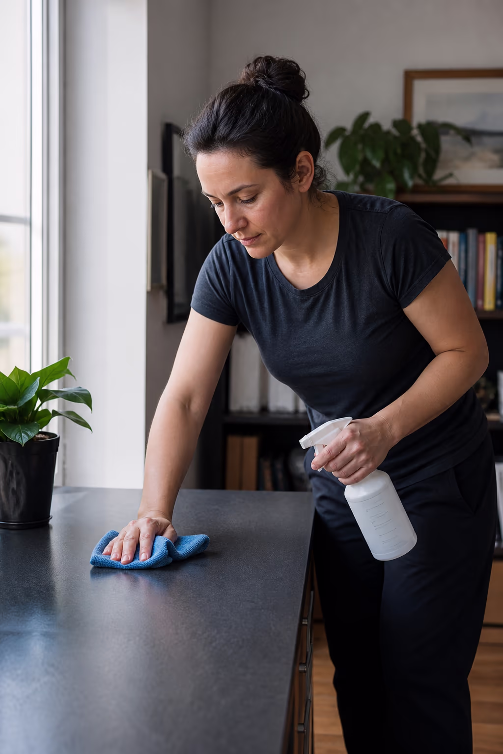 A portrait of a cleaning technician in a bright Ottawa office supply room, restocking paper towels and hand soap beside a cart of microfibre cloths and daily janitorial products.
