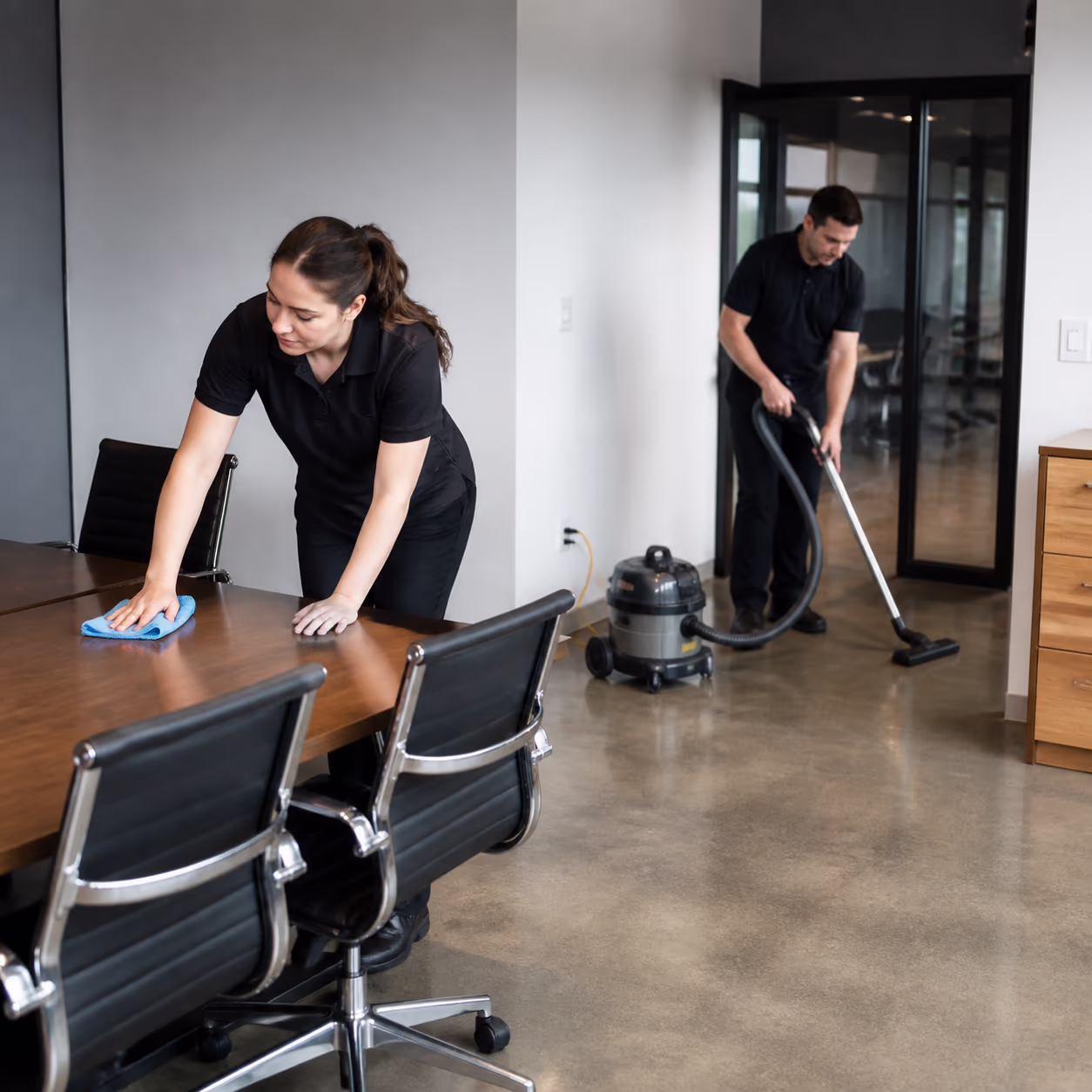 A cleaner wiping a meeting-room table and high-touch surfaces while a second cleaner vacuums the open floor in a bright Ottawa office, the daily janitorial baseline in action.