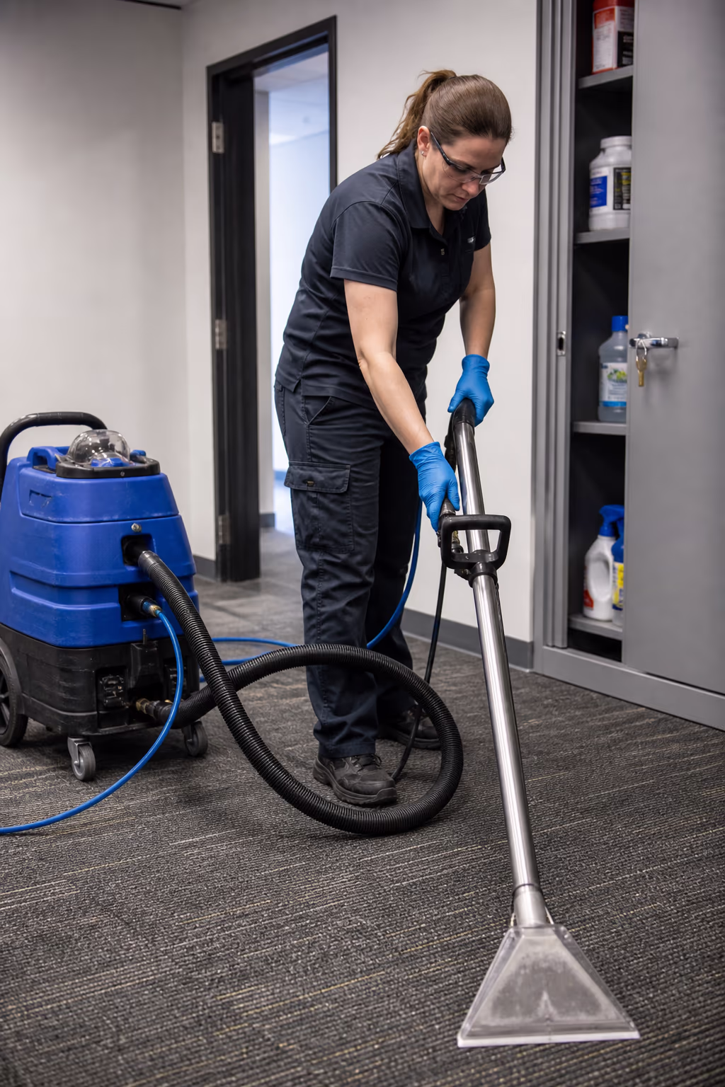 A portrait of a cleaner wearing gloves and safety glasses loading a carpet extractor and floor machine beside a locked, clearly labelled chemical cabinet in a bright Ottawa office store room.