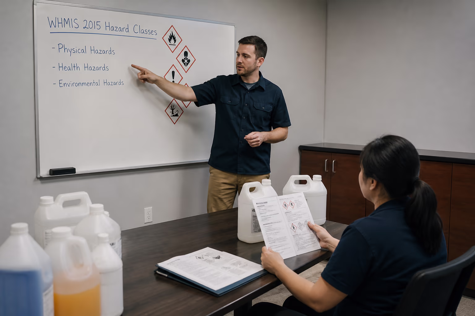 A wide view of a janitorial staff training room in an Ottawa facility, a trainer at a whiteboard covering WHMIS 2015 hazard classes while seated staff review safety data sheets and labelled chemical containers.