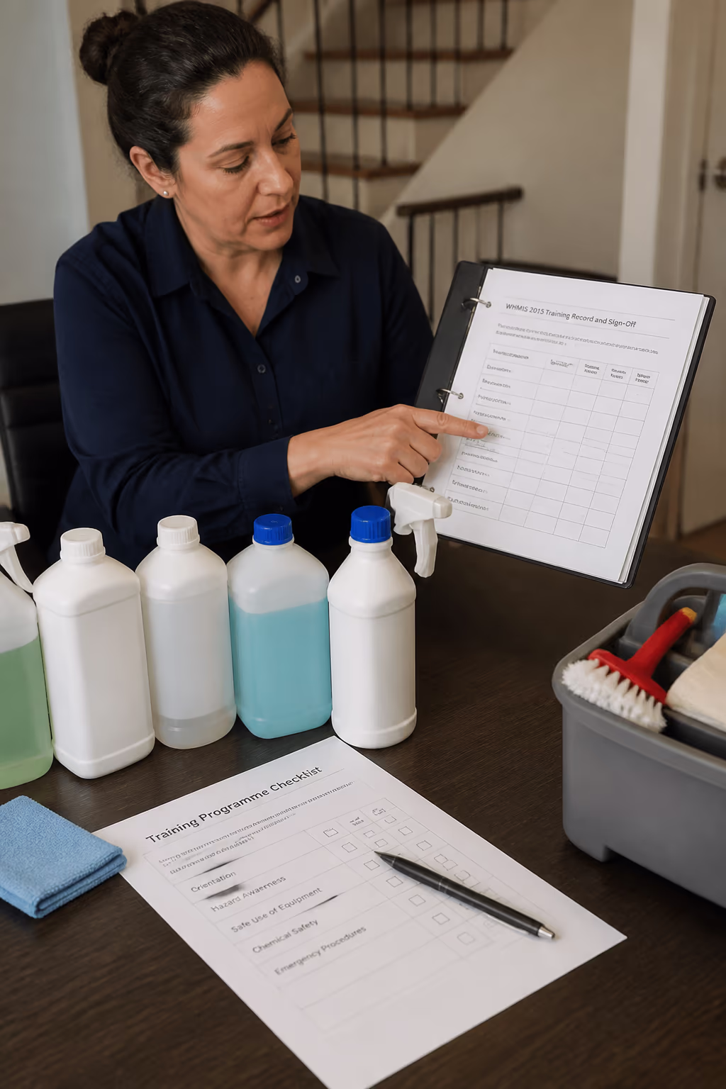 A portrait of a facility manager pointing to a WHMIS 2015 training record and sign-off sheet in a binder, a row of labelled chemical containers and a training checklist visible on the desk.