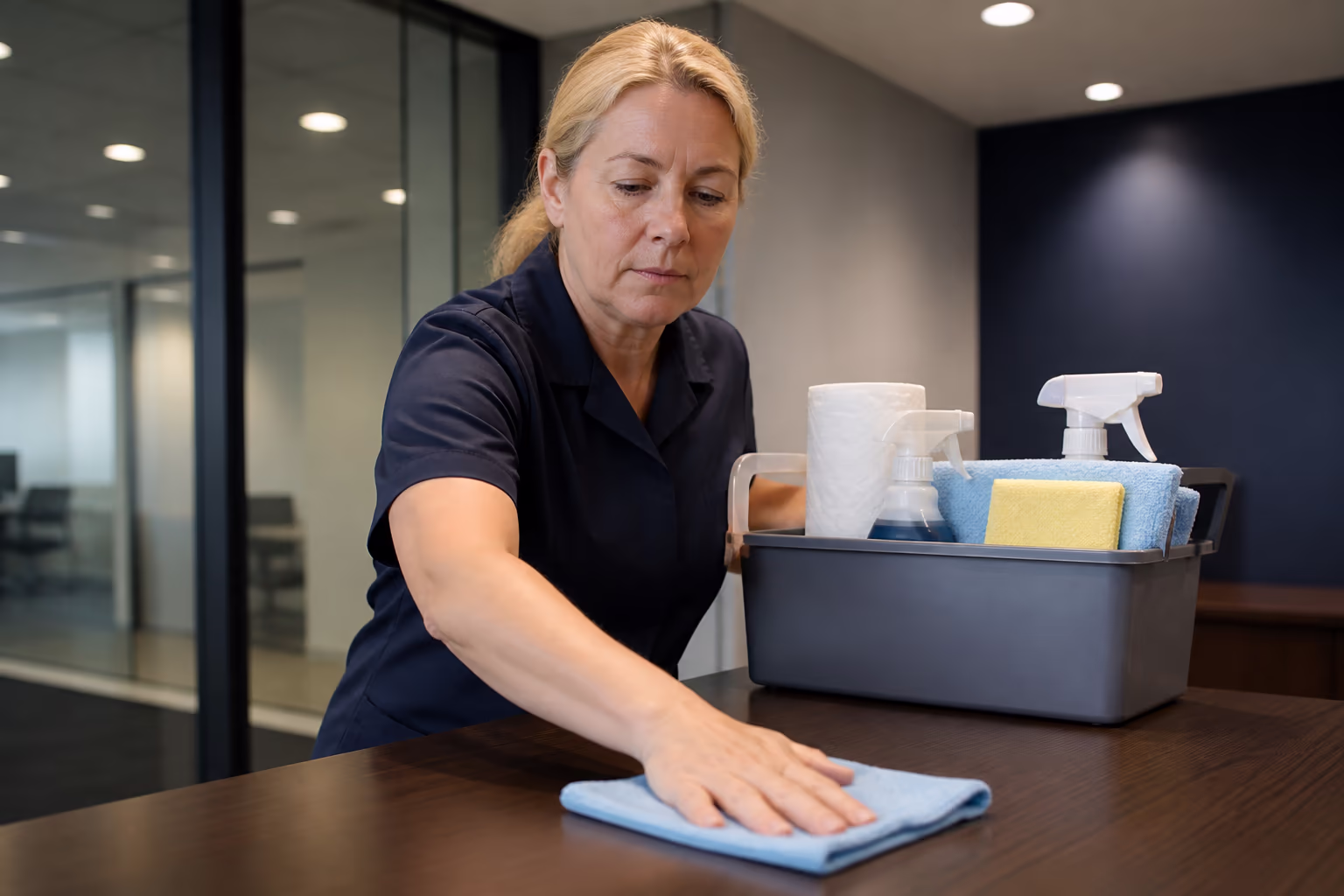 A janitor carrying a supply caddy stocked with microfibre cloths, spray bottles and washroom paper products through a bright Ottawa office lobby during a restocking pass.