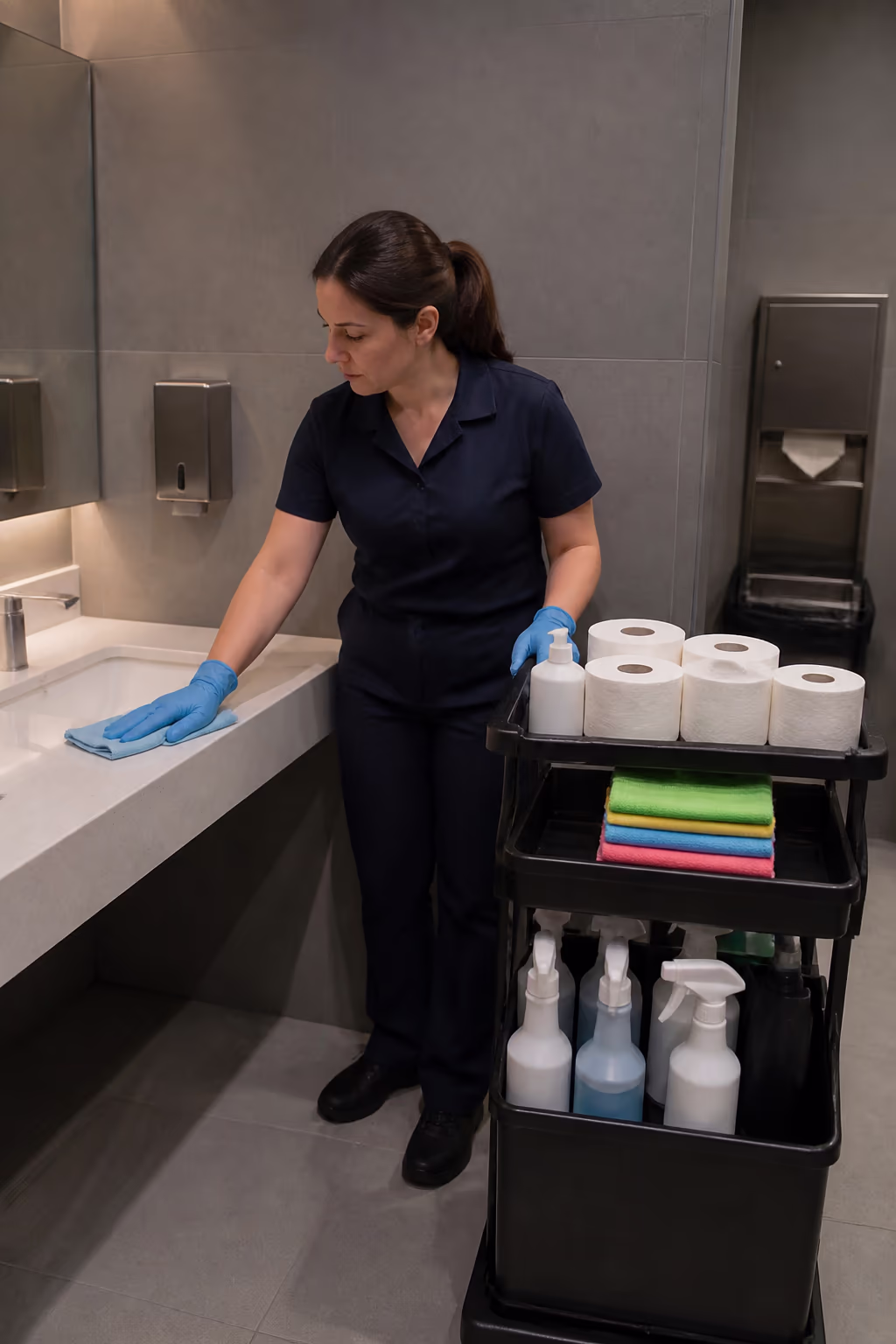 A portrait of a janitor restocking an Ottawa office washroom with soap and paper products from a labelled supply cart, colour-coded microfibre cloths and a dilution chart visible.
