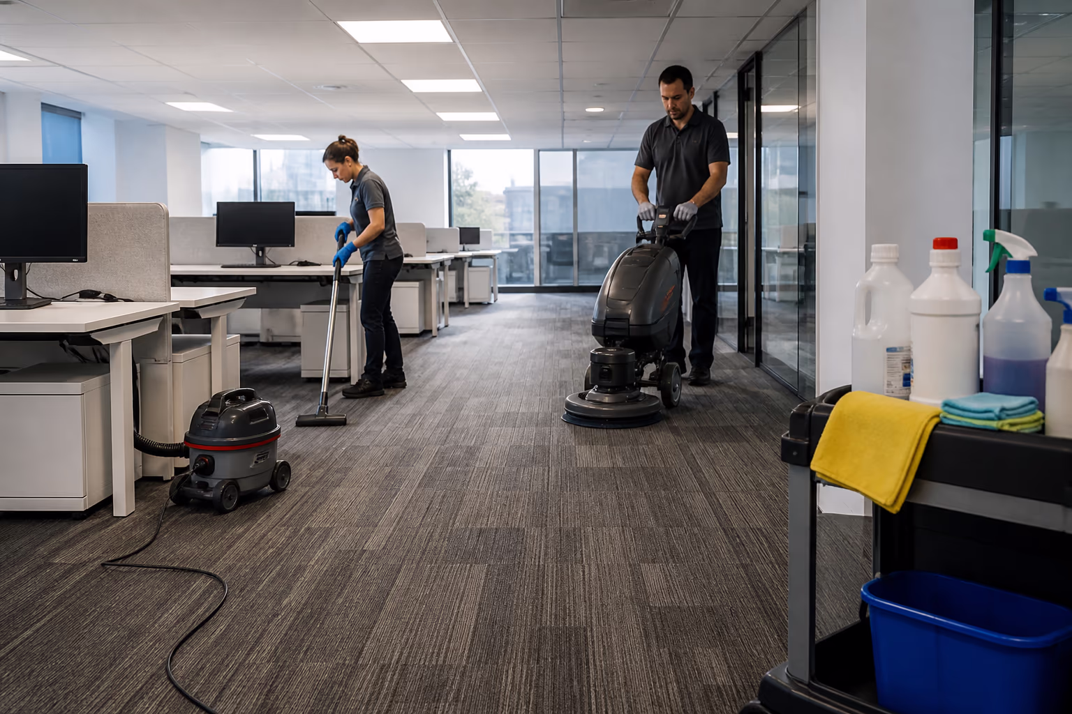 A wide view of a commercial cleaning team operating an autoscrubber and vacuuming between desks in a bright Ottawa office, floor machines and labelled supplies staged beside them.