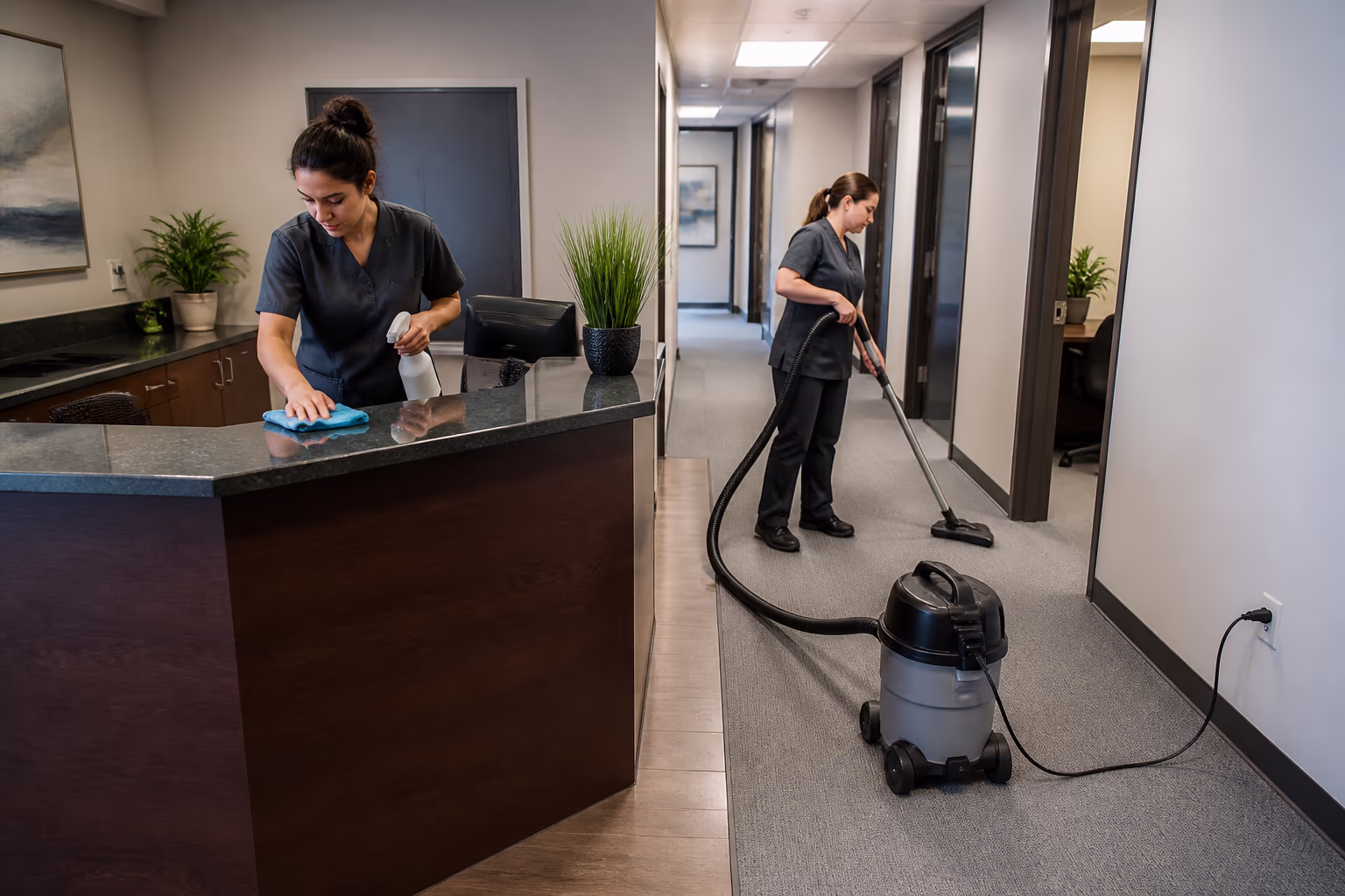 Two uniformed professional cleaners in a bright formal Ottawa law office after hours, one wiping the reception counter and high-touch surfaces while the other vacuums between private offices.