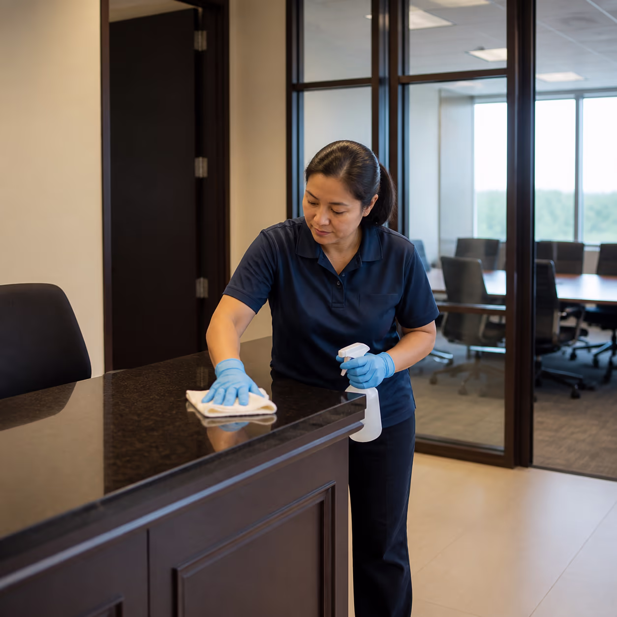 A professional cleaner wiping the front counter and high-touch door handles in a formal Ottawa law office reception, with a spotless boardroom visible through the glass wall.
