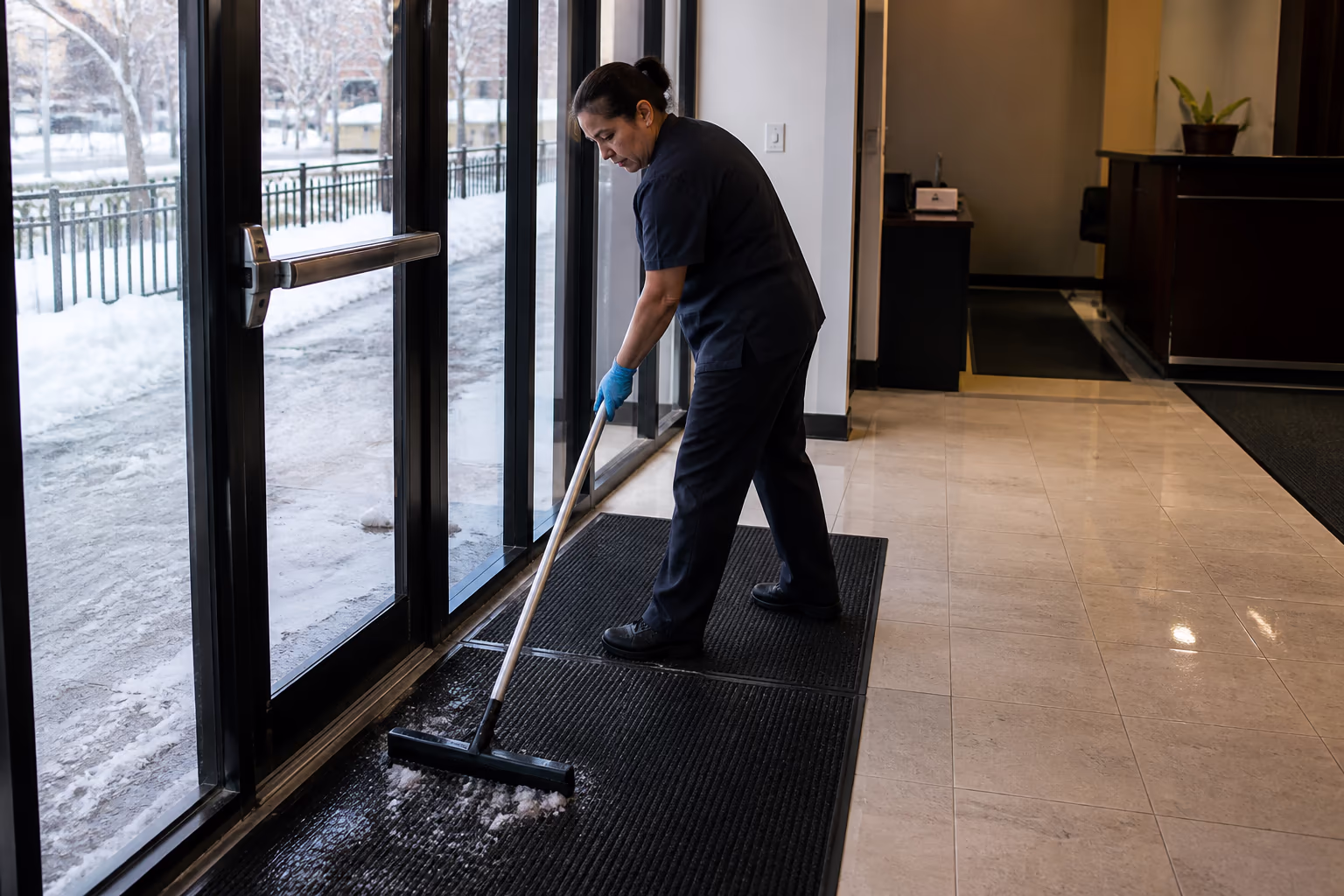 A wide view of an Ottawa law office entrance in winter, with entry mats laid out and a cleaner managing salt and slush at the door while the lobby floor stays dry inside.