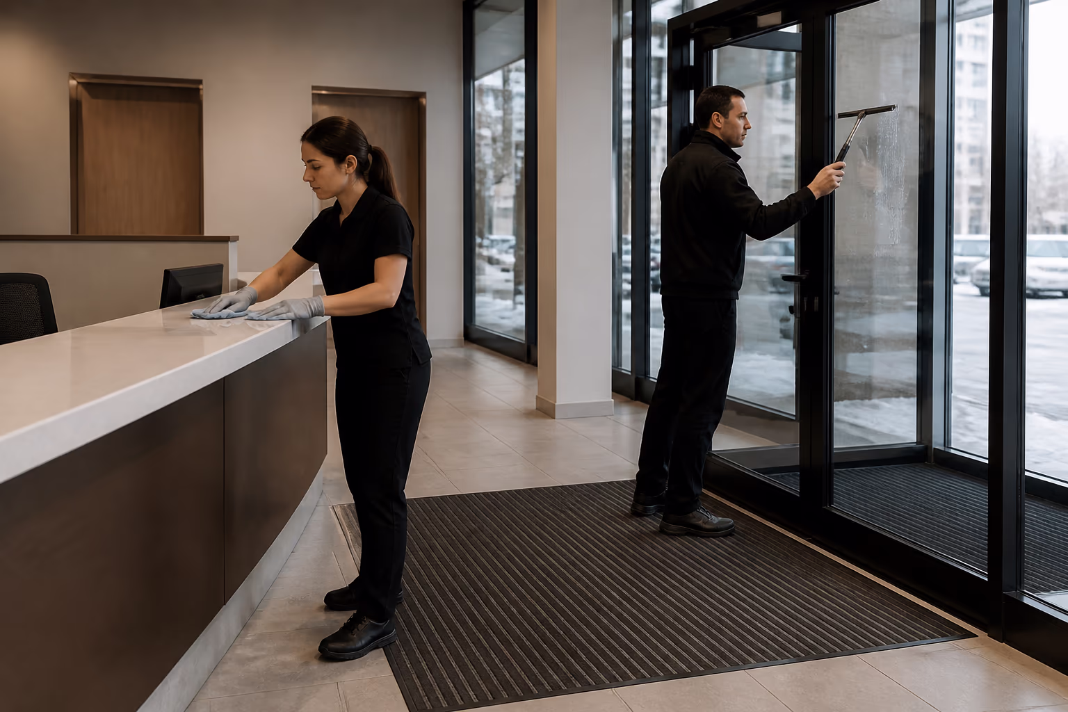A professional cleaning team in a bright Canadian commercial lobby, one wiping the front desk and high-touch surfaces while another polishes the glass entry doors, with entry matting laid inside the door.