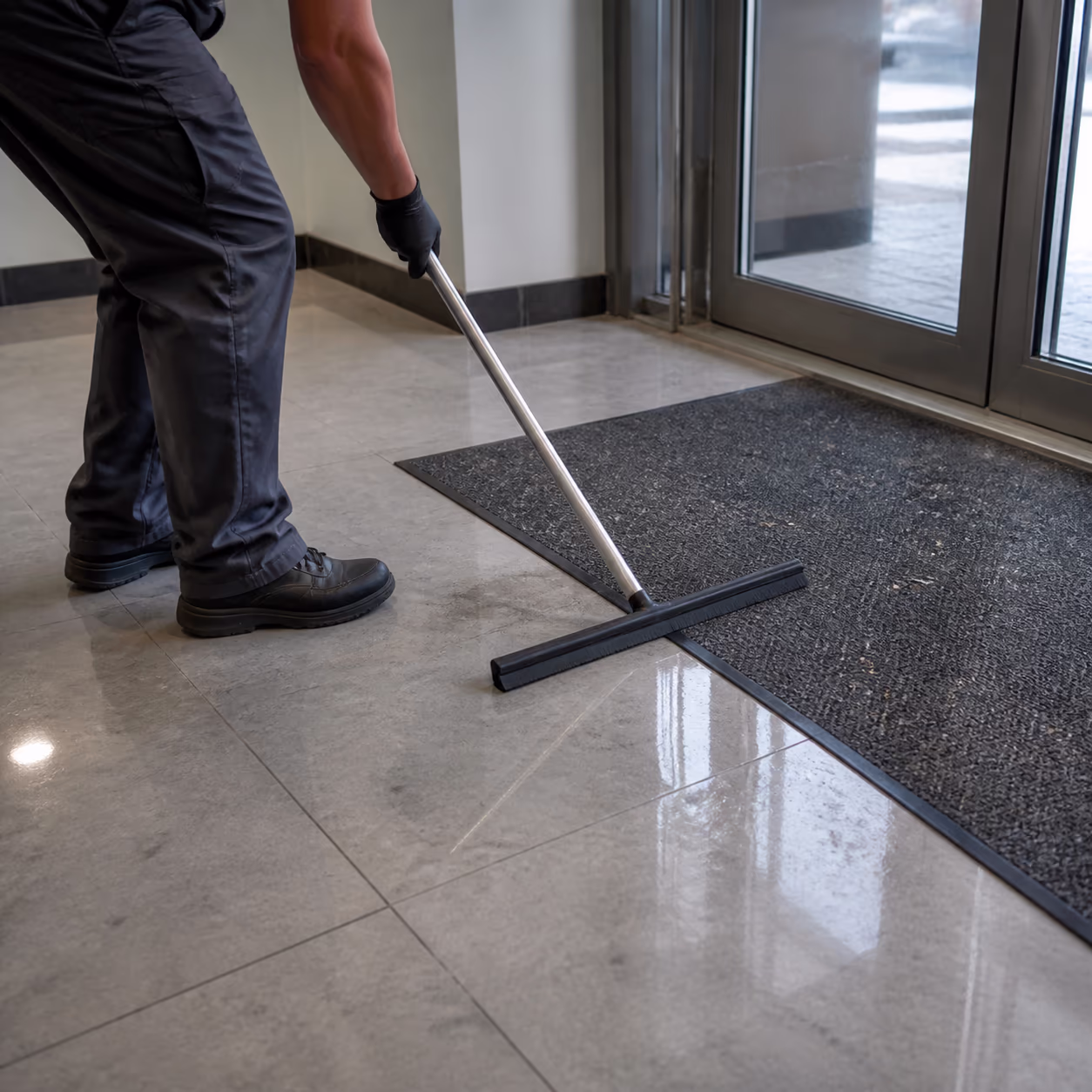 A close view of a commercial lobby entrance mat and polished tile floor in a Canadian office building, with a cleaner collecting loose grit and salt before the morning rush.