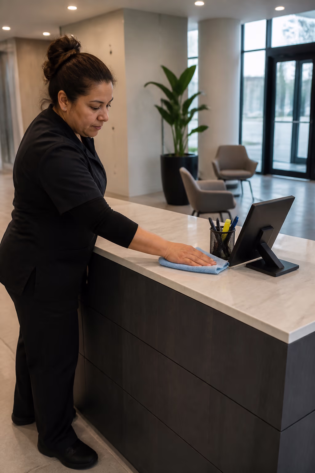 A professional cleaner wiping the front desk, shared pens and a touchscreen directory in a busy commercial lobby, with seating and a plant nearby in the background.