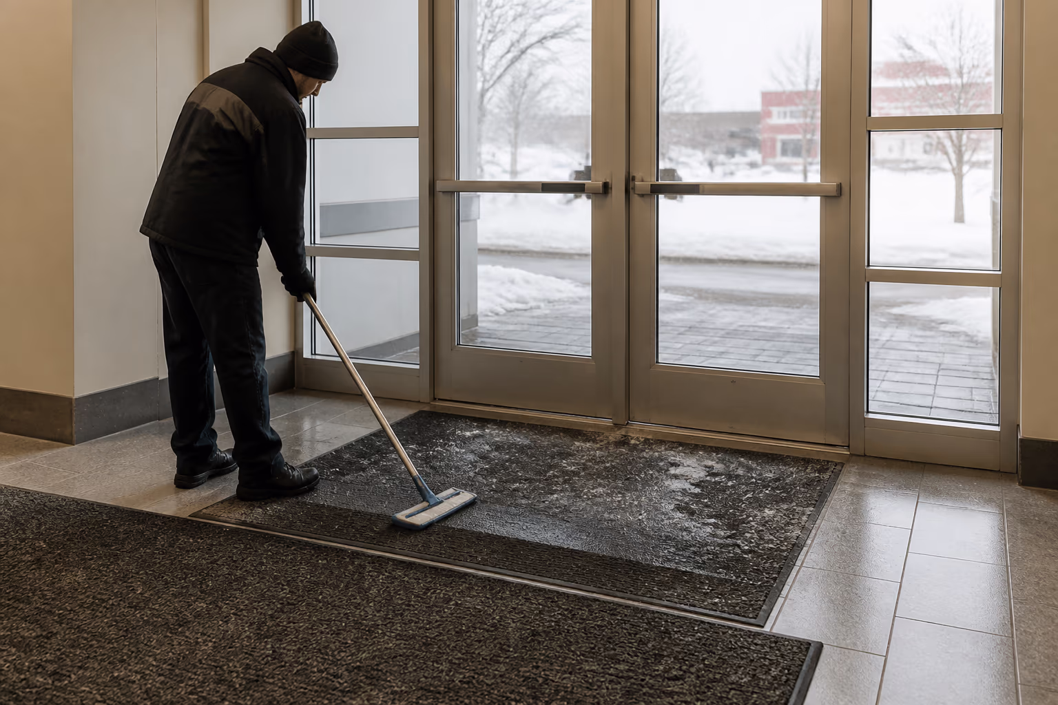 A wide winter view of a commercial building entrance in Ottawa with exterior scraper mats and interior absorber mats laid at the door, a cleaner managing slush and salt while the lobby floor stays dry.