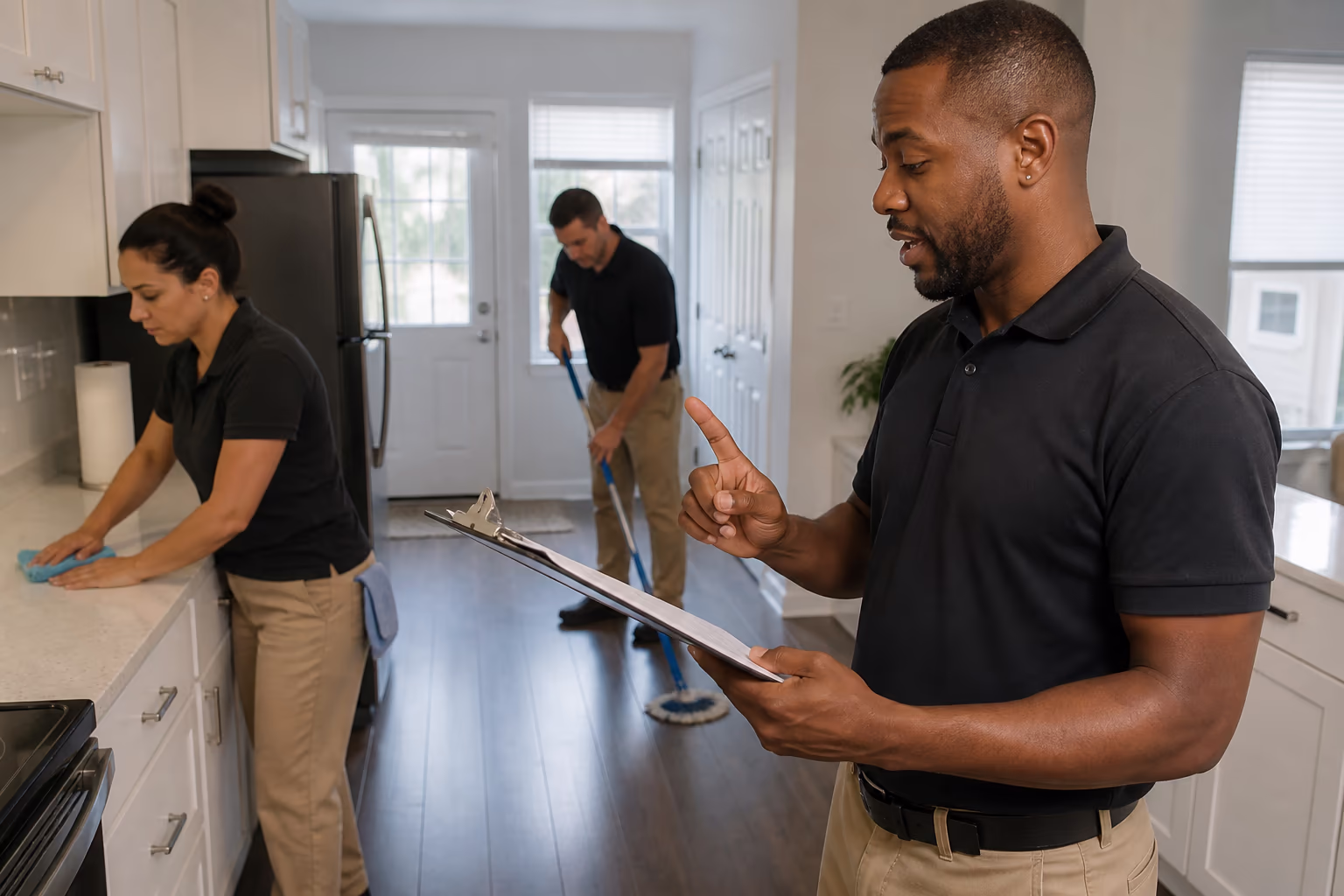 A landscape view of a mixed cleaning team working together in a bright Ottawa home: one cleaner on the floors, another on kitchen surfaces, led by a supervisor holding a checklist.